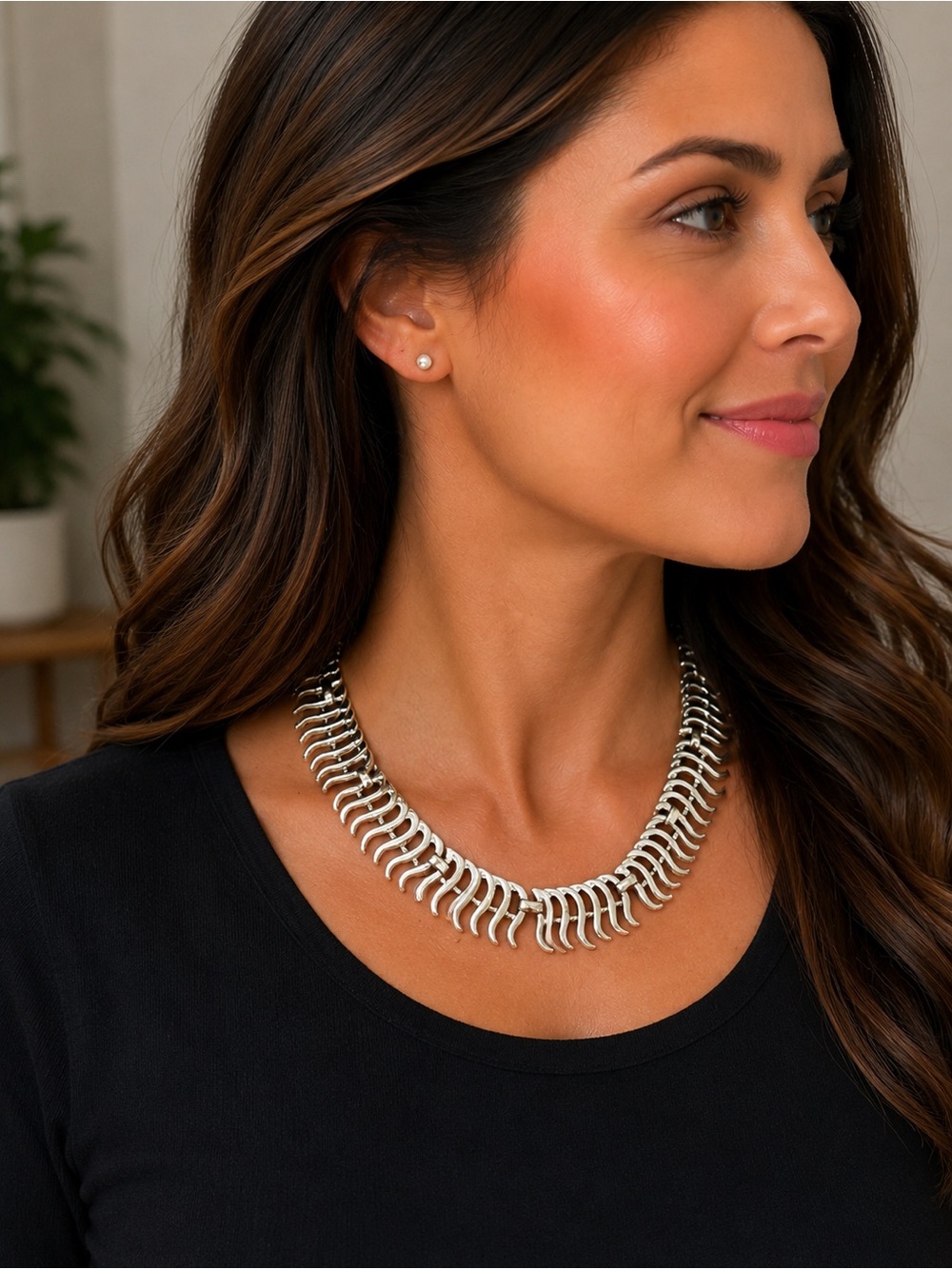 Vintage Silver Tone Fringe Link Statement Necklace Modernist Adjustable Choker